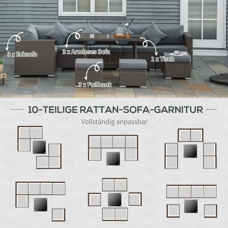 10 St. Trädgårdsmöbler I Rottinglook, Med Sitt- Och Ryggdynor, Rostsäker Metallstomme, Mörkgrå 4