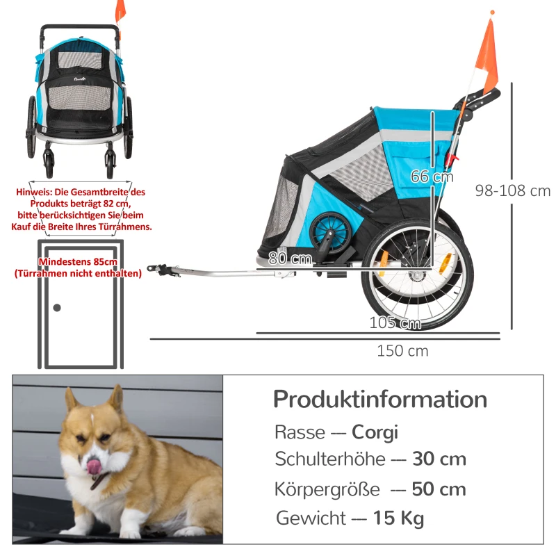 2-i-1 Hundsläp Hopfällbar Cykelvagn För Husdjur Hundtransporter Hundcykelvagn Oxford-tyg Andas Aluminium Oxford-tyg Blå + Silver 150 X 82 X 108 Cm 3