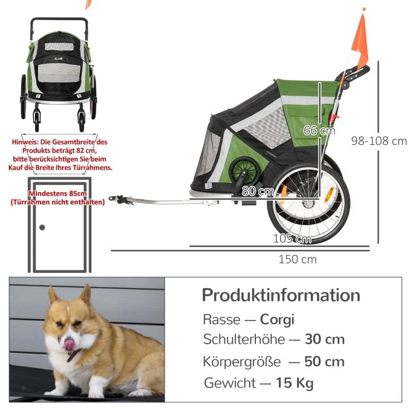 2-i-1 Hundsläp Hopfällbar Cykelvagn För Husdjur Hundtransporter Hundcykelvagn Oxford-tyg Andas Aluminium Oxford-tyg Grönt + Silver 150 X 82 X 108 Cm 3