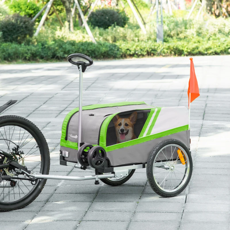 2-i-1 Hundsläpvagn För Husdjurslastvagn Cykelsläptransportvagn Djurvagn Andas Metall Oxford-tyg Grön + Grå 130 X 64 X 92 Cm 2