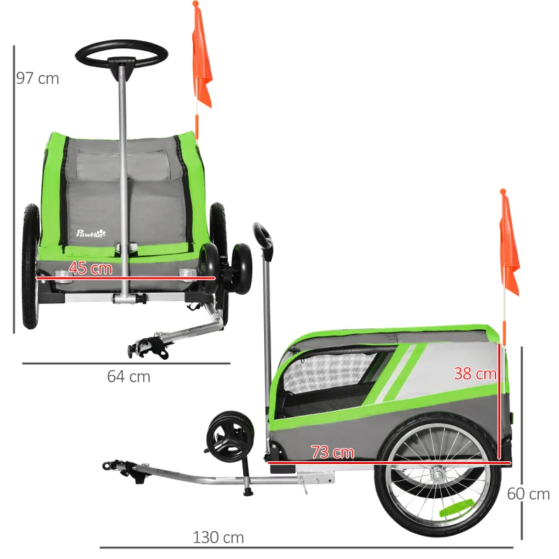 2-i-1 Hundsläpvagn För Husdjurslastvagn Cykelsläptransportvagn Djurvagn Andas Metall Oxford-tyg Grön + Grå 130 X 64 X 92 Cm 3