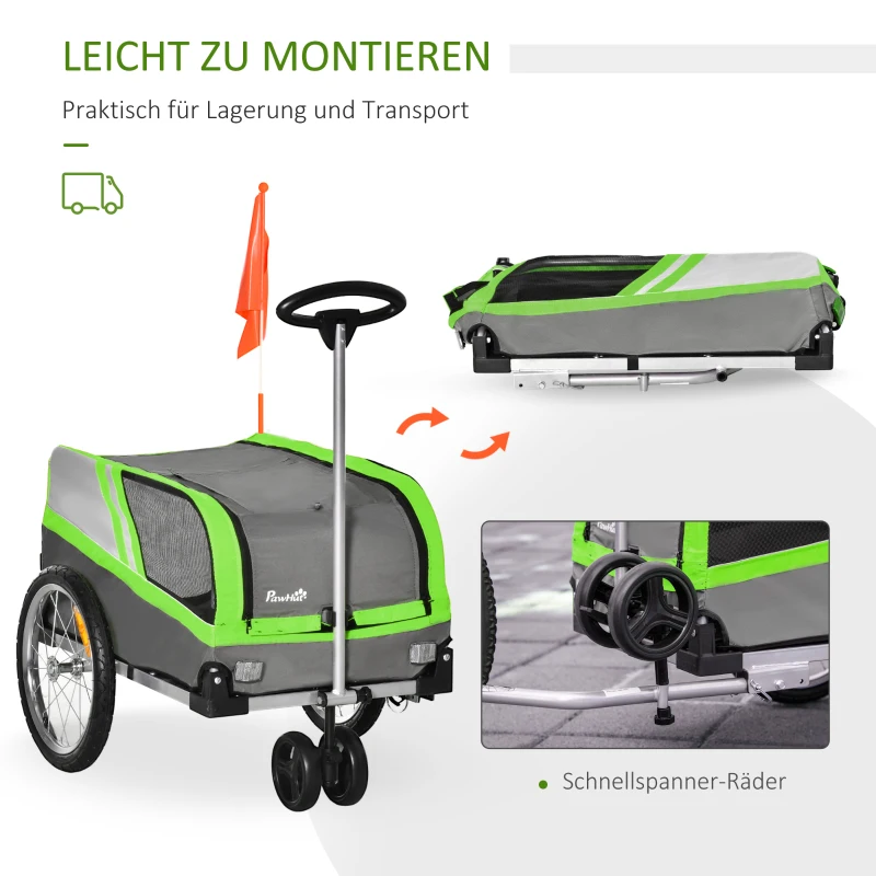 2-i-1 Hundsläpvagn För Husdjurslastvagn Cykelsläptransportvagn Djurvagn Andas Metall Oxford-tyg Grön + Grå 130 X 64 X 92 Cm 8