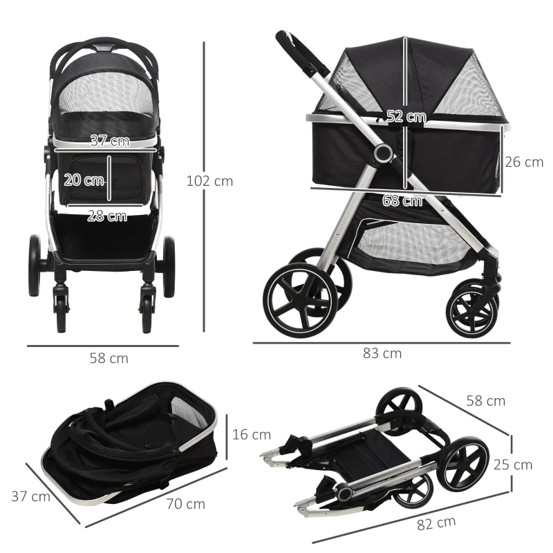 2-I-1 Hundvagn Pet Buggy Hundvagn Med Kudde Fällbar 1 Förvaringskorg 83cm X 58cm X 102cm Svart 3