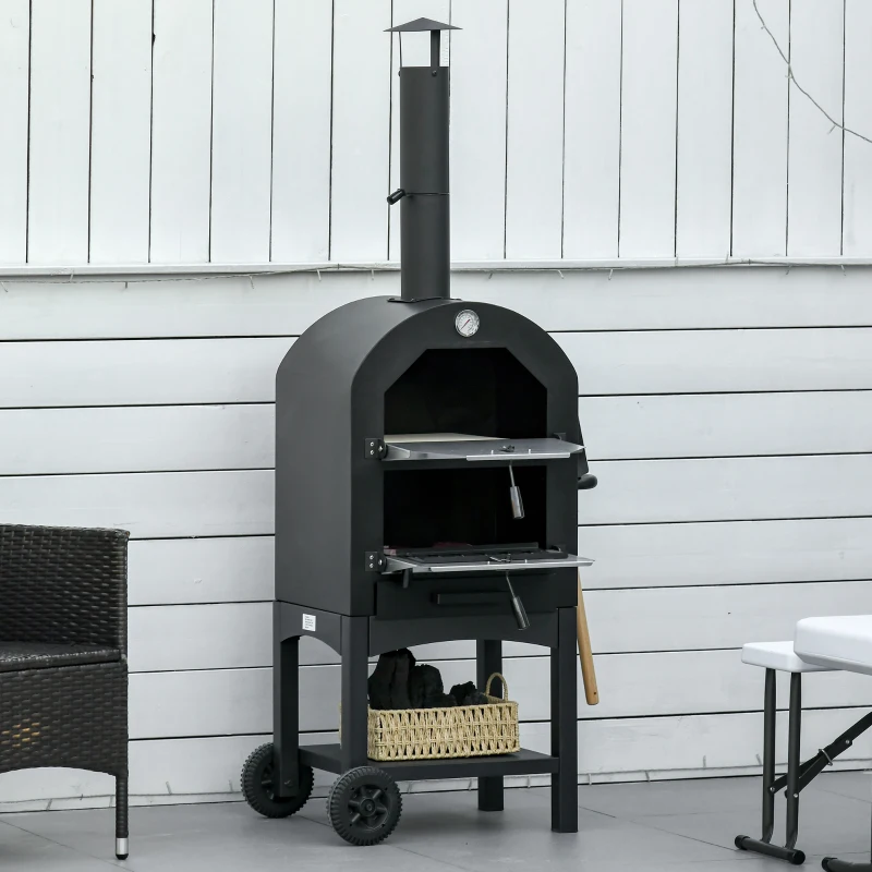 2-i-1 Utomhuspizzaugn Med Hjul, Grillugn Med Skyddskåpa, Pizzaskyffel, 2 Grillnät, Grillvagn Med Skorsten, 3-vånings Vedeldad Ugn För BBQ, Stål, Svart + Silver, 63 X 54 X 161 Centimeter 10