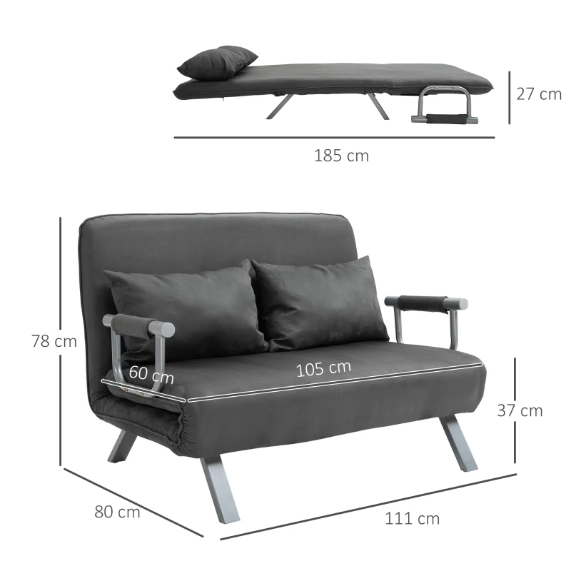 2-sits Bäddsoffa Med Armstöd, 3-i-1 Bäddsoffa, Gästsäng, Hopfällbar Madrass, Hopfällbar Säng, Schäslong, Multifunktion, Mockaimitation, Grå, 111 X 80 X 78 Cm 3