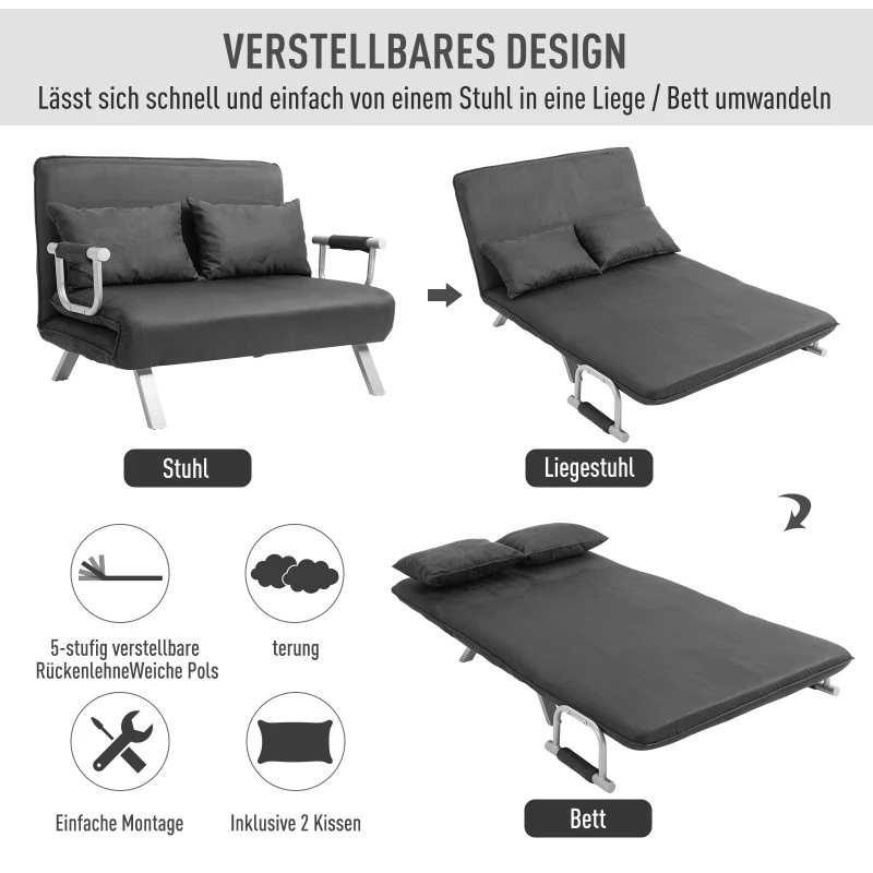 2-sits Bäddsoffa Med Armstöd, 3-i-1 Bäddsoffa, Gästsäng, Hopfällbar Madrass, Hopfällbar Säng, Schäslong, Multifunktion, Mockaimitation, Grå, 111 X 80 X 78 Cm 4