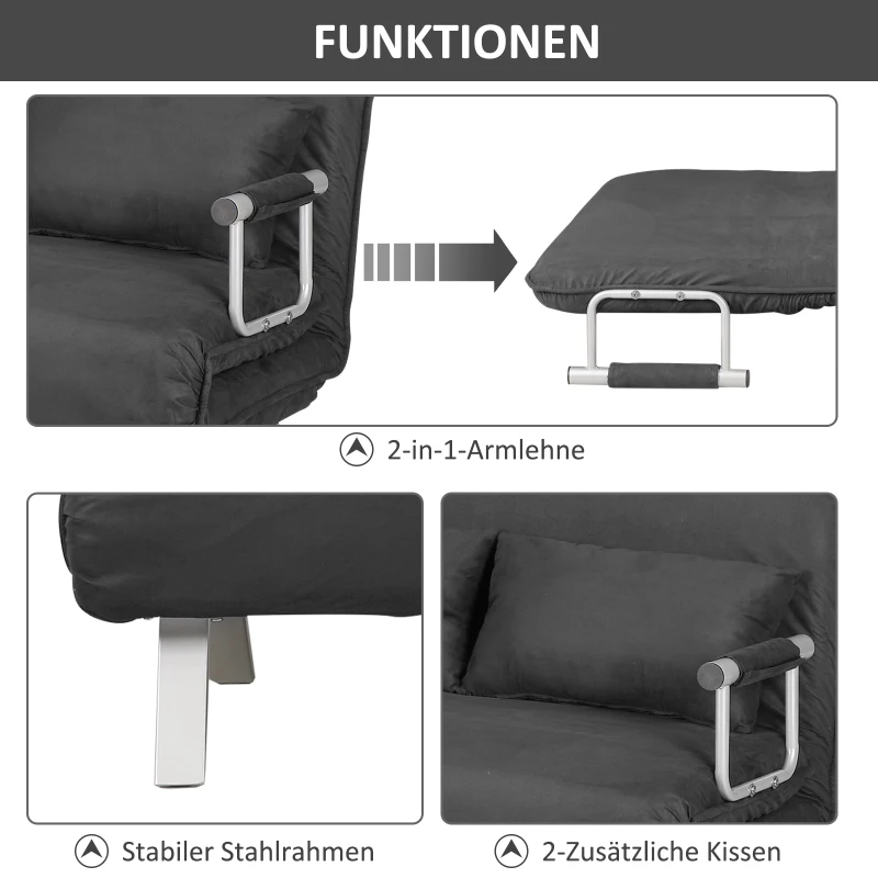 2-sits Bäddsoffa Med Armstöd, 3-i-1 Bäddsoffa, Gästsäng, Hopfällbar Madrass, Hopfällbar Säng, Schäslong, Multifunktion, Mockaimitation, Grå, 111 X 80 X 78 Cm 5