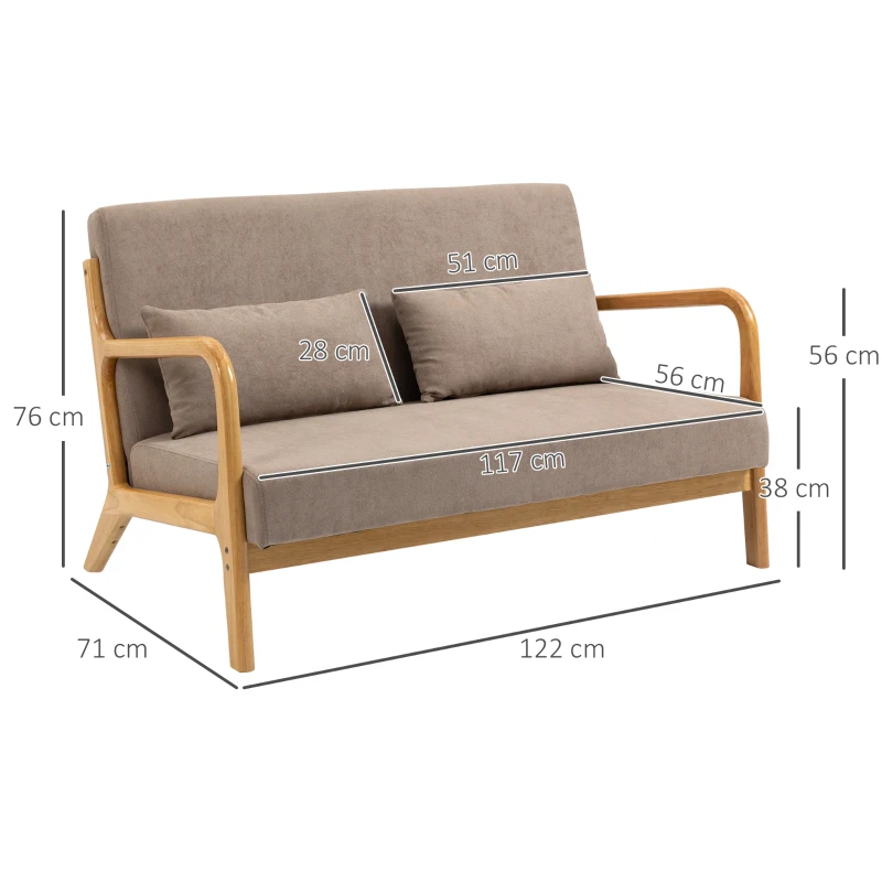 2-sits Soffa, 2-sits, Liten Soffa, Retrodesign, 2 Kuddar, Gummiträ, Brun + Natur 3