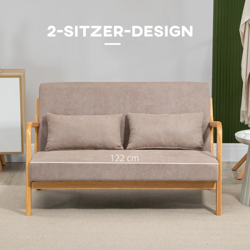 2-sits Soffa, 2-sits, Liten Soffa, Retrodesign, 2 Kuddar, Gummiträ, Brun + Natur 6