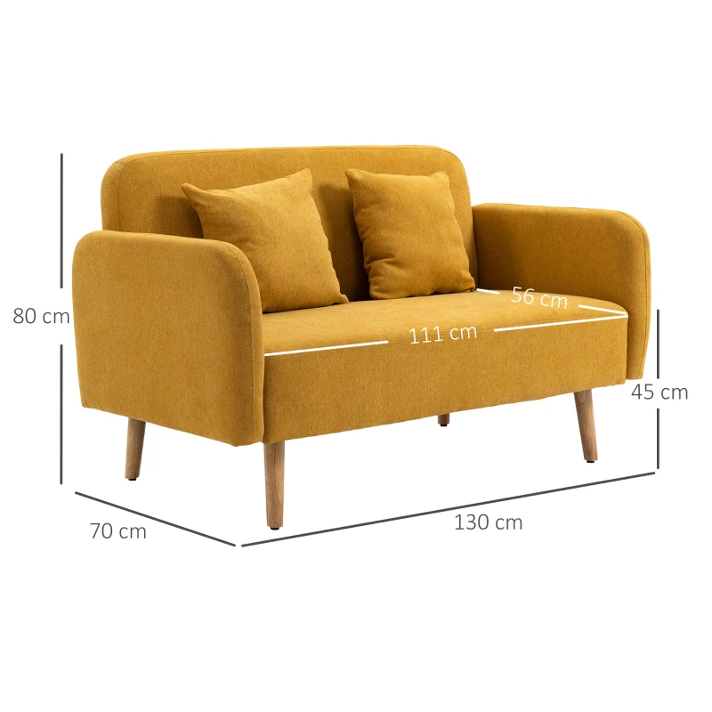 2-sits Soffa, Soffa Med 2 Slängkuddar, Stoppad Dubbelsoffa, Stoppad Soffa Med Sammetslook, Armstöd, Loveseat För Vardagsrum, Sovrum, 130 X 70 X 80 Cm, Gul 3