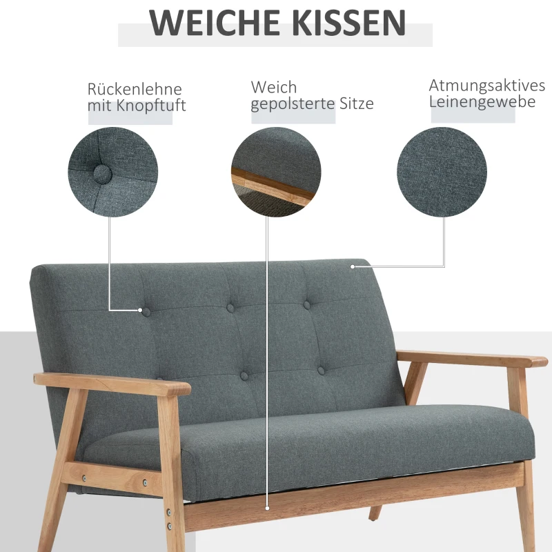 2-sits Soffa Tvåsits Tygsoffa Dubbelsoffa Klädsel Loveseat Kompakt Design Linne Gummi Trä Grå 115 X 66,5 X 73 Cm 4