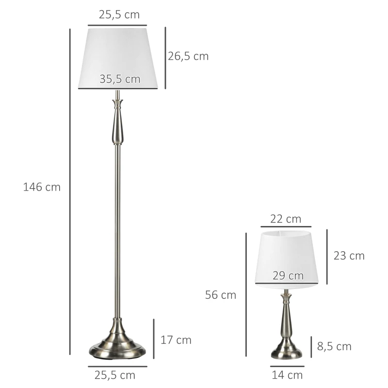 3-delat Lampset I Vintage Design, 2 Bordslampor, 1 Golvlampa, 35,5 Cm X 35,5 Cm X 146 Cm, Silver + Vit 3