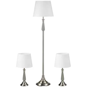 3-delat Lampset I Vintage Design, 2 Bordslampor, 1 Golvlampa, 35,5 Cm X 35,5 Cm X 146 Cm, Silver + Vit 1