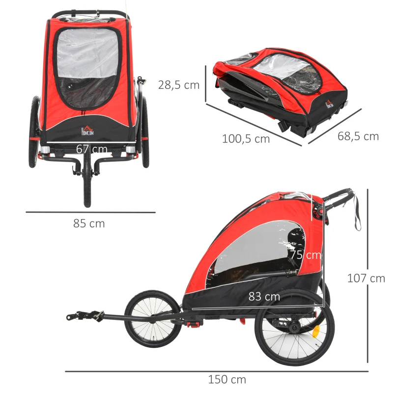 3 I 1 Barnvagn Aluminium Barnjogger Cykelvagn Cykelvagn För 2 Barn Med Flagga Röd + Svart 150 X 85 X 107 Cm 3