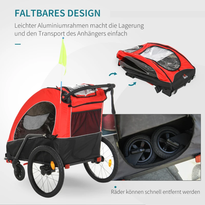 3 I 1 Barnvagn Aluminium Barnjogger Cykelvagn Cykelvagn För 2 Barn Med Flagga Röd + Svart 150 X 85 X 107 Cm 6