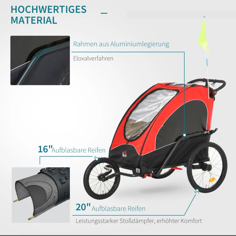 3 I 1 Barnvagn Aluminium Barnjogger Cykelvagn Cykelvagn För 2 Barn Med Flagga Röd + Svart 150 X 85 X 107 Cm 7