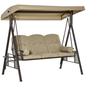 3-sits Hollywood Swing Trädgårdsgunga Med Solskyddskudde Metall Polyester Khaki 116 X 206 X 183 Cm 1