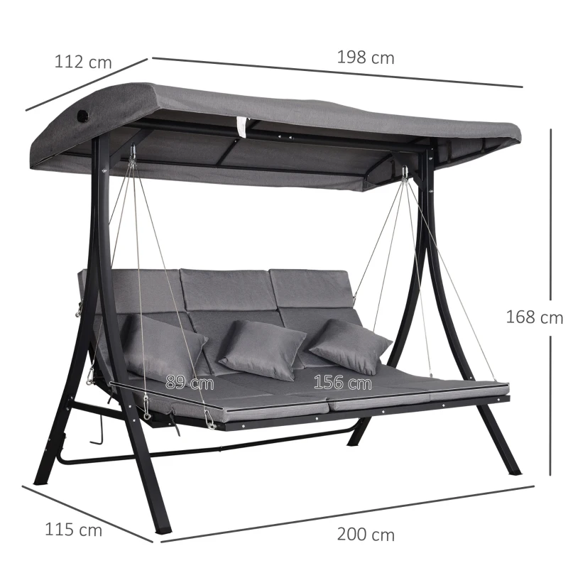 3-sits Verandagunga, Gungbänk Med Justerbart Soltak, Trädgårdsgunga Med Dyna, Lastkapacitet Upp Till 270 Kg, Metall, Textline, Grå, 200 X 115 X 168 Cm 3