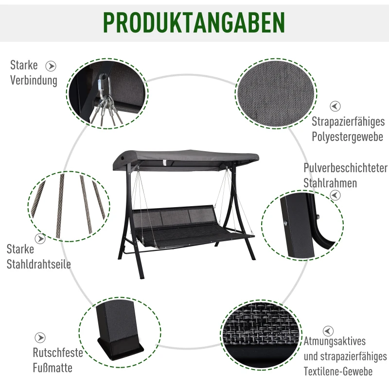 3-sits Verandagunga, Gungbänk Med Justerbart Soltak, Trädgårdsgunga Med Dyna, Lastkapacitet Upp Till 270 Kg, Metall, Textline, Grå, 200 X 115 X 168 Cm 6