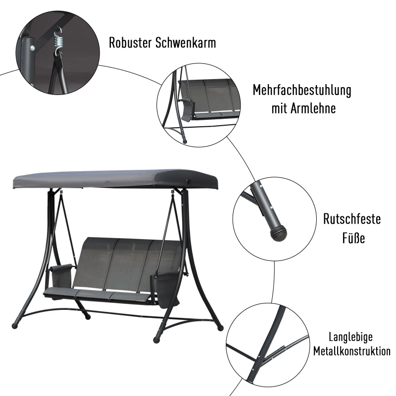 3-sits Verandagunga, Trädgårdsgunga Med Soltak, Gungbänk Med Hylla, Aluminium, Grå, 196 X 128 X 172 Cm 6