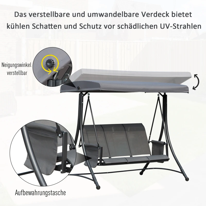 3-sits Verandagunga, Trädgårdsgunga Med Soltak, Gungbänk Med Hylla, Aluminium, Grå, 196 X 128 X 172 Cm 7