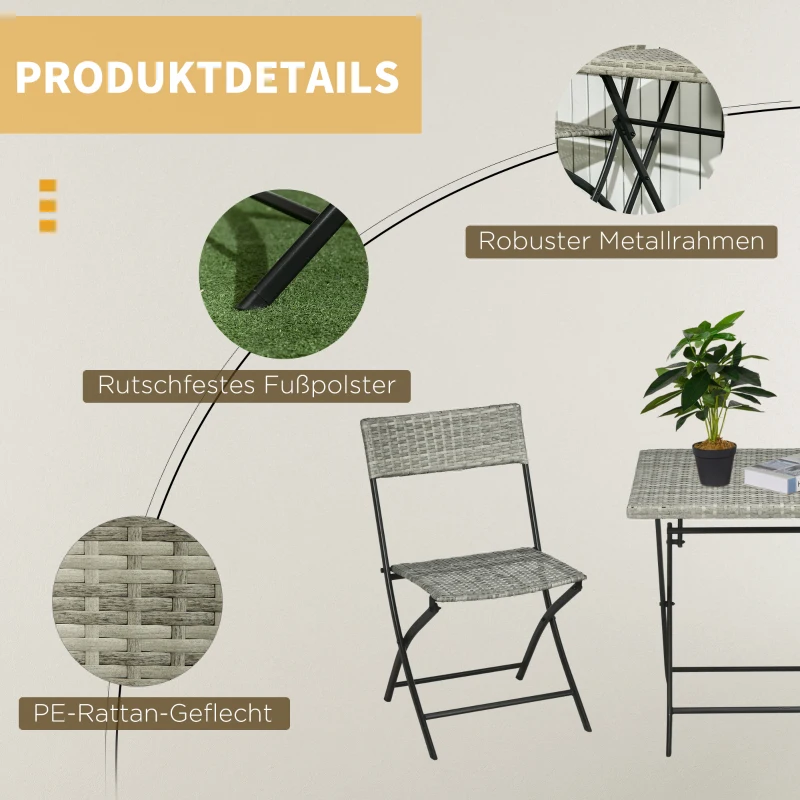 3 St. Trädgårdssittgrupp, 2 Fällbara Stolar, 1 Fällbord, Rottinglook, Metallstomme, Ljusgrå 5