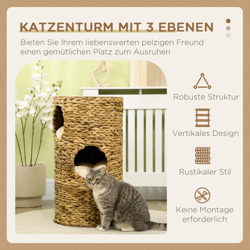 3 Tier 3 Entrance Cat Cave Boho Design Med Kudde 40cm X 40cm X 73cm Ljusbrun + Krämvit 4