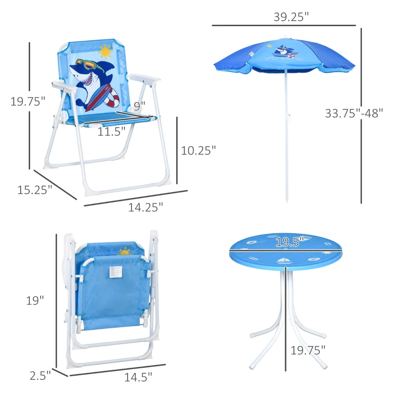 4-delad Barnsittgrupp Trädgård Trädgårdsbord 2 Hopfällbara Stolar Parasoll Camping Barnsittset Trädgårdsmöbler För 3-6 år Blå 3