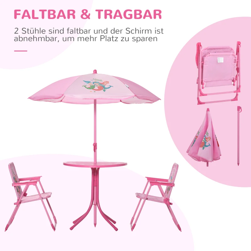 4-delad Barnsittgrupp Trädgård Trädgårdsbord 2 Hopfällbara Stolar Parasoll Camping Barnsittset Trädgårdsmöbler För 3-6 år Rosa 4