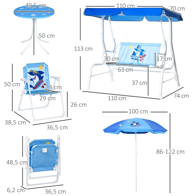 4-delat Trädgårdsmöbelset För Barn Med Hajmotiv, 1 Verandagunga, 2 Stolar, 1 Parasoll Med Bord, Blå 3