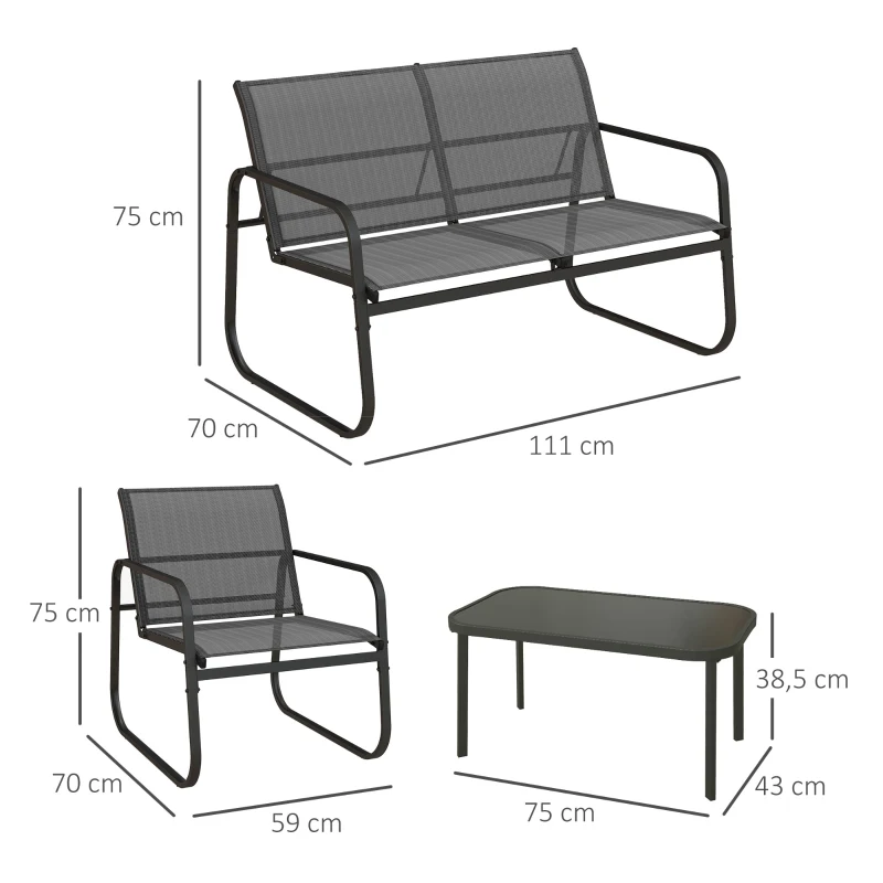 4-delat Trädgårdsset, 2 Fåtöljer, 2-sits Soffa, Bord Med Glasskiva, Andningsbart Tyg, Metallram, Svart 3