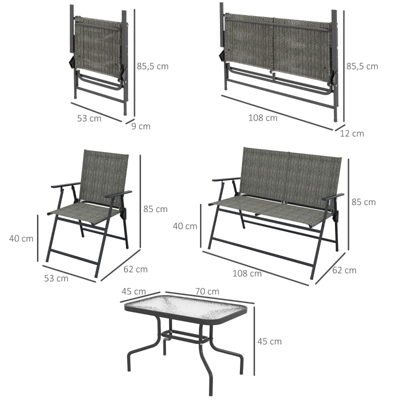 4 St. Trädgårdsmöbelset, 2-sits, 2 Fällbara Stolar, Bord, Metallstomme, Grå + Brun 3