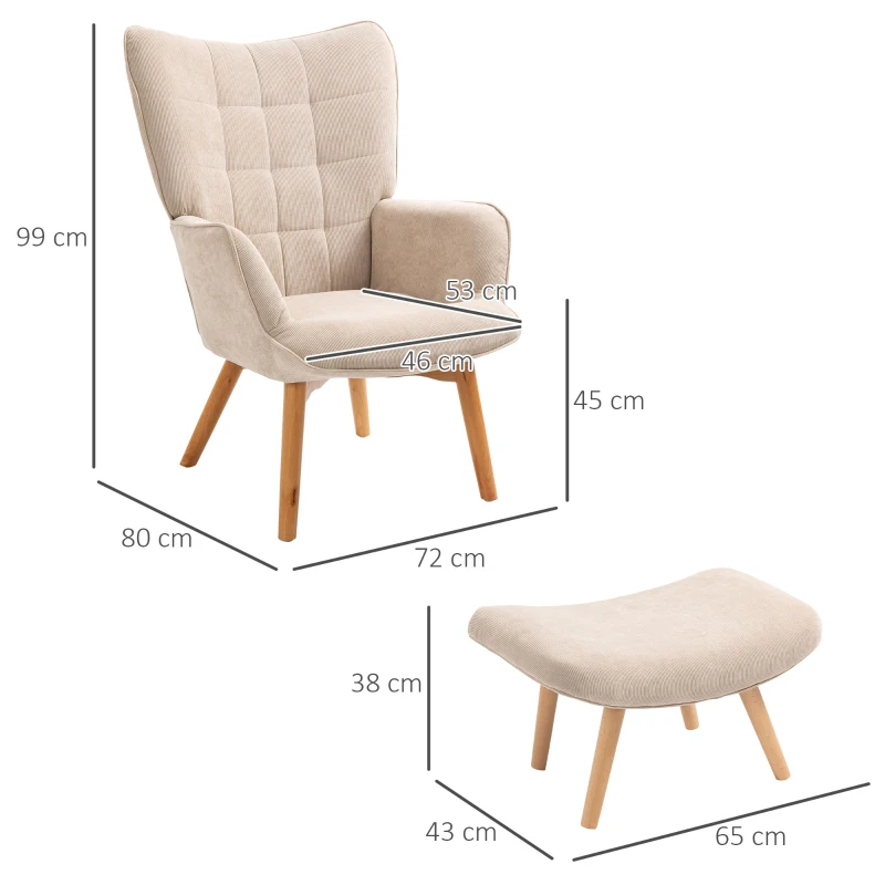 Accentstol I Skandinavisk Design, Med Ottoman, Fåtöljset, Bokträ, Sladdlook, Beige 3