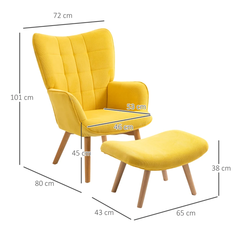 Accentstol I Skandinavisk Design, Med Ottoman, Fåtöljset, Bokträ, Sladdlook, Gul 3