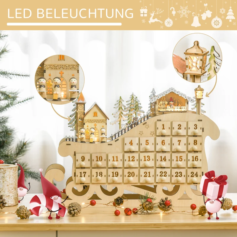 Adventskalender För Att Fylla 24 Lådor Fack Julkalender Med LED-ljus Slädeform Adventskalenderlåda Juldekoration DIY Plywoodskiva Naturträ 45 X 10 X 31 Cm 4