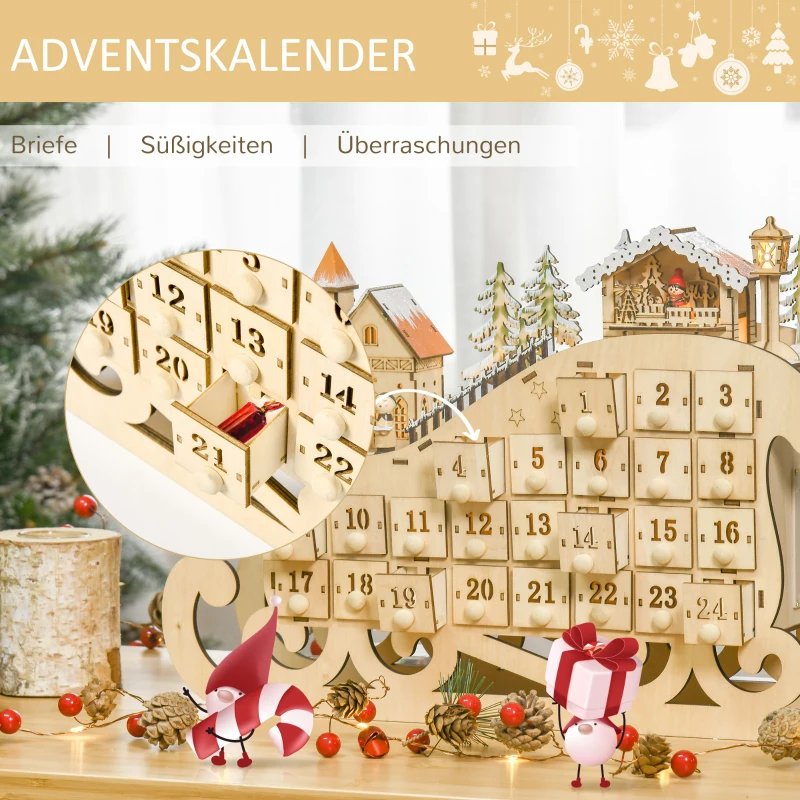 Adventskalender För Att Fylla 24 Lådor Fack Julkalender Med LED-ljus Slädeform Adventskalenderlåda Juldekoration DIY Plywoodskiva Naturträ 45 X 10 X 31 Cm 5