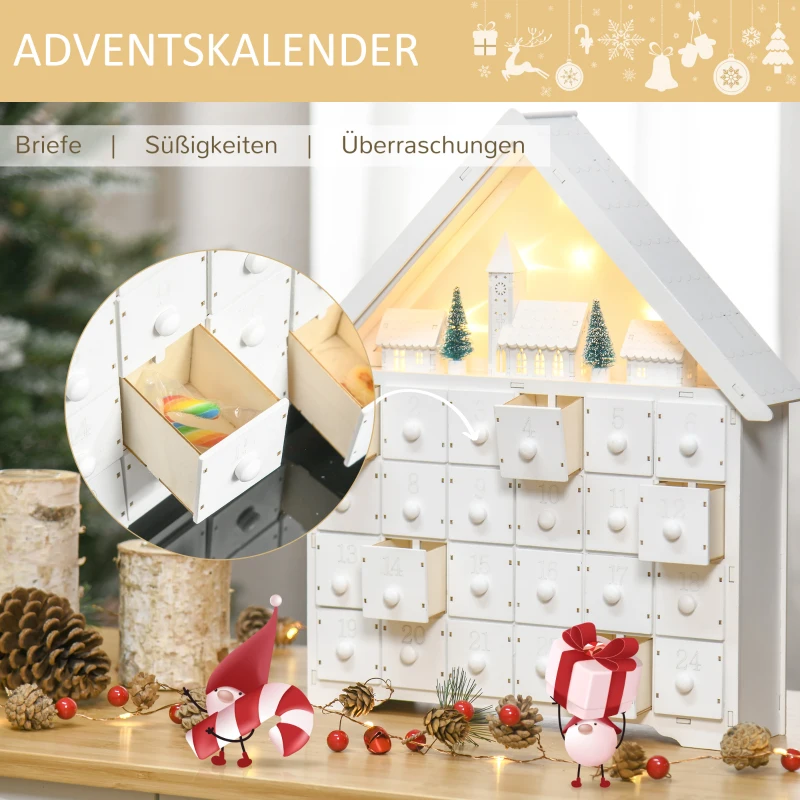 Adventskalender Juldekoration Juldekoration, 24 Lådor, LED-lampor, 39 Cm X 9 Cm X 42 Cm, Vit + Grön 5