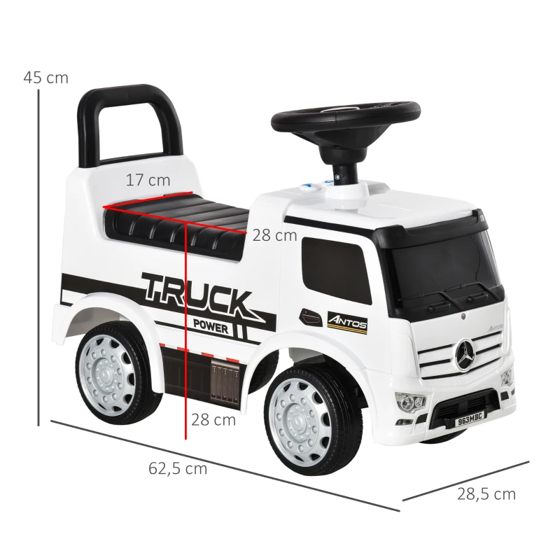 Åkande Fordon åkande Bil Baby åkande Barnbil Licensierad Av Mercedes ANTOS Lastbil Stil Med Ljus För Barn Från 12 Till 36 Månader Metall PP Plast Vit + Svart 62,5x28,5x45cm 3