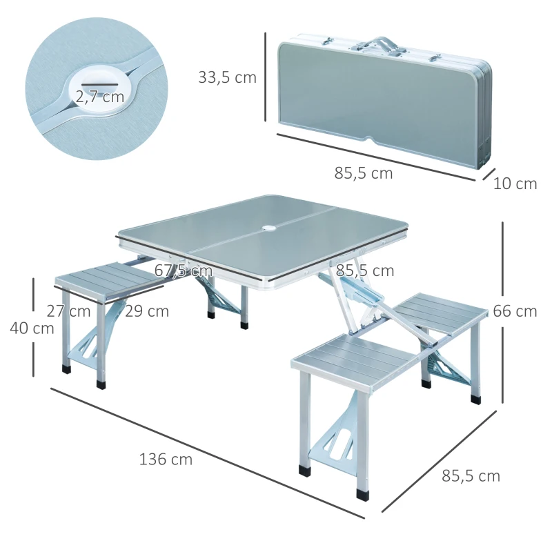 Aluminium Campingbord Fällbord Picknickbord Picknick Resväska Sittgrupp Hopfällbar Bordsgrupp Med 4 Platser Silver Aluminium + MDF 136 X 85,5 X 66 Cm 3