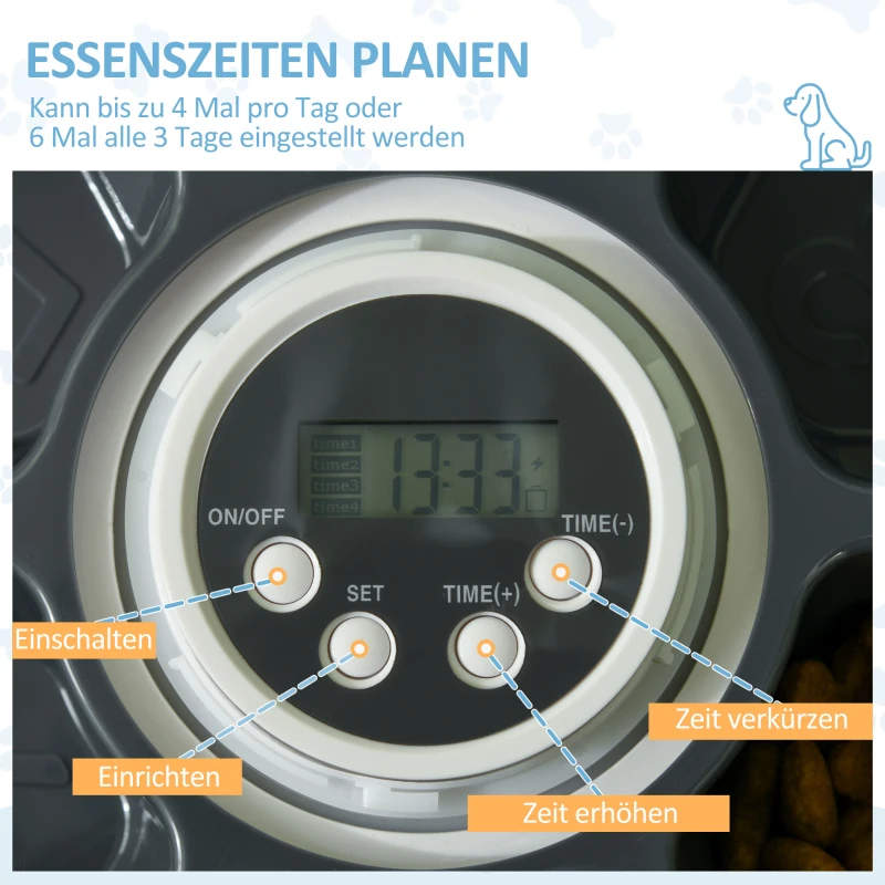 Automatisk Matare Med 6 Fack För Katter Hundar Husdjur Automatisk Matare Med 4 Måltider Programmerbar Matare Med LED-display Timer Vit+Grå 30,5 X 7,2H Cm 4