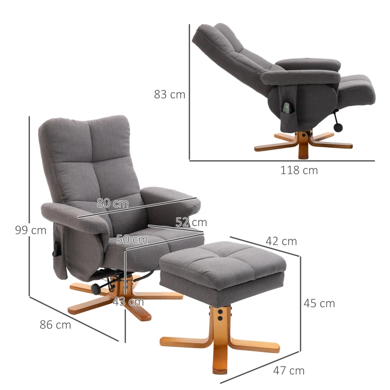 Avslappningsstol, Massagestol Med Fotpall, Förvaringsutrymme, Liggfunktion, TV-stol Med Massagefunktion, TV-fåtölj, Vilstol, Med Träben, 145 Lutning, Polyester, Mörkgrå, 80 X 86 X 99 Cm 3