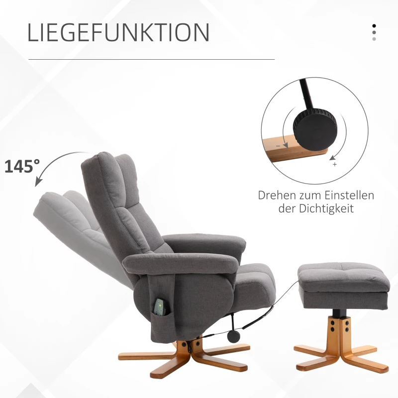 Avslappningsstol, Massagestol Med Fotpall, Förvaringsutrymme, Liggfunktion, TV-stol Med Massagefunktion, TV-fåtölj, Vilstol, Med Träben, 145 Lutning, Polyester, Mörkgrå, 80 X 86 X 99 Cm 5