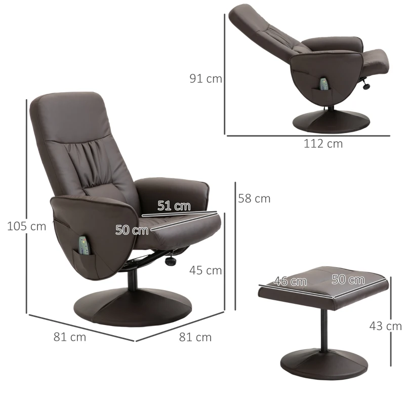 Avslappningsstol Med Fotpall, Förvaringsutrymme, Liggfunktion, Massagestol, TV-stol Med Massagefunktion, Vilstol, Ergonomisk Stol Med 10 Vibrationspunkter, Konstläder, Brunt, 76 X 81 X 105 Cm 3