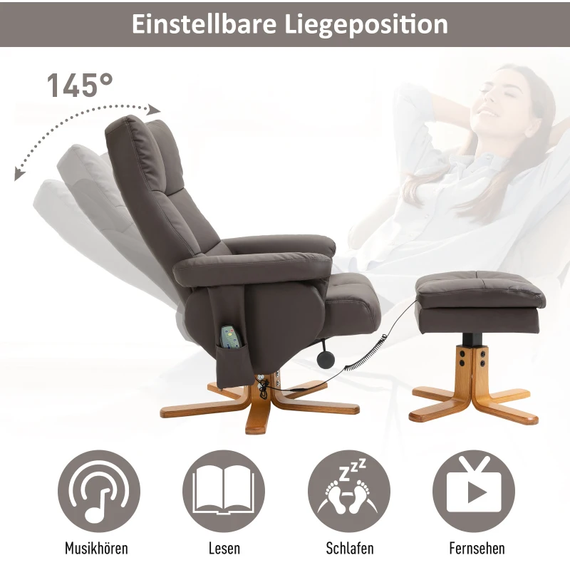 Avslappningsstol Med Liggfunktion, Massagestol Med Fotpall, TV-stol, TV-fåtölj, 145-lutningsfåtölj, Ergonomisk Stol Med 10 Vibrationspunkter, Konstläder, Brun, 80 X 86 X 99 Cm 5