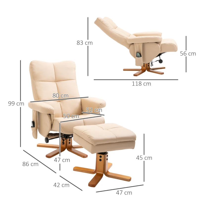 Avslappningsstol Med Liggfunktion, Massagestol Med Fotpall, TV-stol, TV-fåtölj, 145-lutningsfåtölj, Ergonomisk Stol Med 10 Vibrationspunkter, Konstläder, Krämvit, 80 X 86 X 99 Cm 3