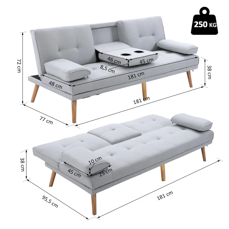 Bäddsoffa, 3-sits Soffa, Bäddsoffa Med Hopfällbart Bord, Tygsoffa Med Linnelook, Bäddsoffa Med Mugghållare, I Scandi Design, Bärförmåga Upp Till 250 Kg, Ljusgrå 3