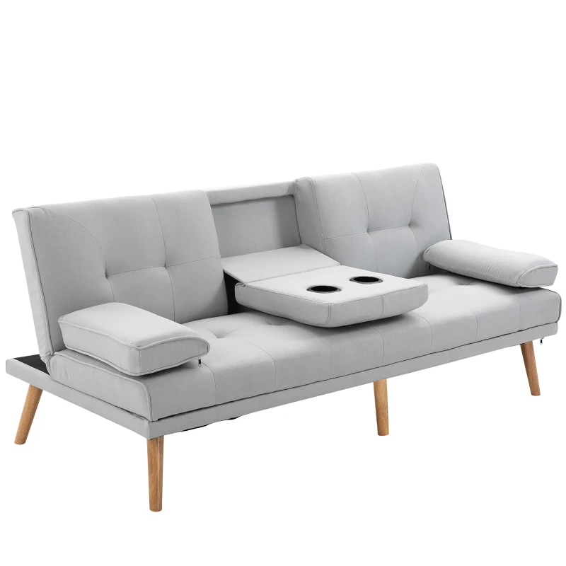 Bäddsoffa, 3-sits Soffa, Bäddsoffa Med Hopfällbart Bord, Tygsoffa Med Linnelook, Bäddsoffa Med Mugghållare, I Scandi Design, Bärförmåga Upp Till 250 Kg, Ljusgrå 1