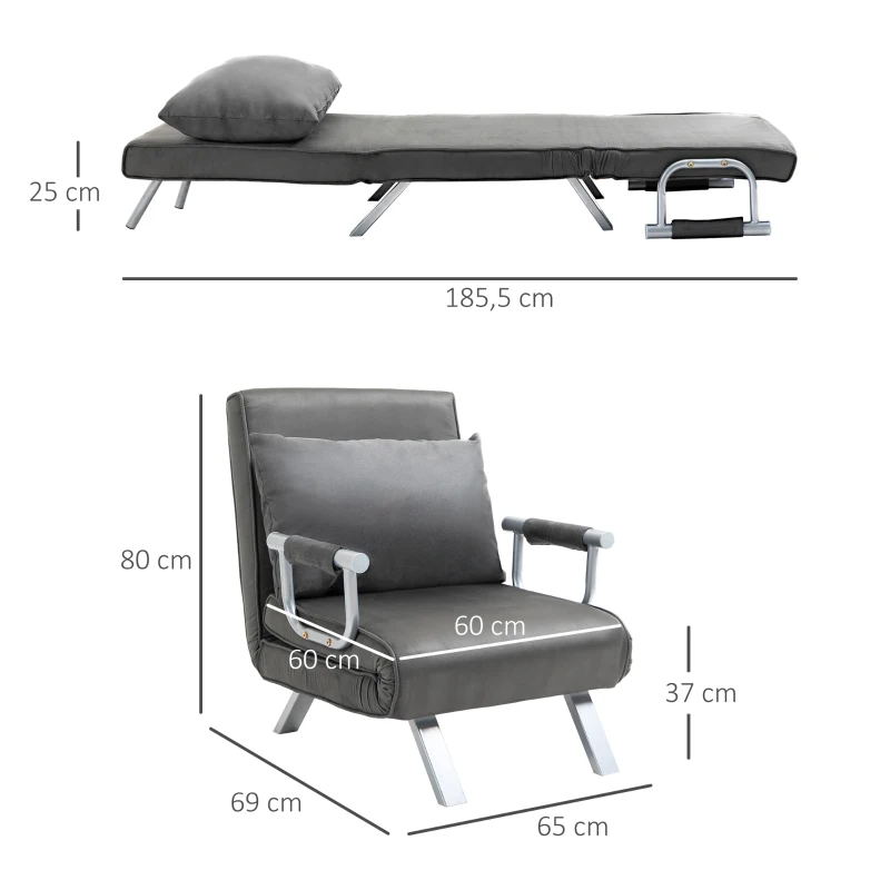 Bäddsoffa Med Armstöd 3-i-1 Bäddsoffa Gästsäng Hopfällbar Madrass Hopfällbar Säng Schäslong Multifunktion Konstläder Grå 65 X 75 X 80 Cm 3