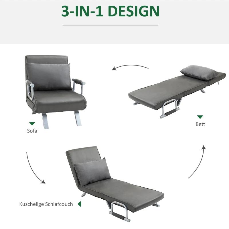 Bäddsoffa Med Armstöd 3-i-1 Bäddsoffa Gästsäng Hopfällbar Madrass Hopfällbar Säng Schäslong Multifunktion Konstläder Grå 65 X 75 X 80 Cm 5