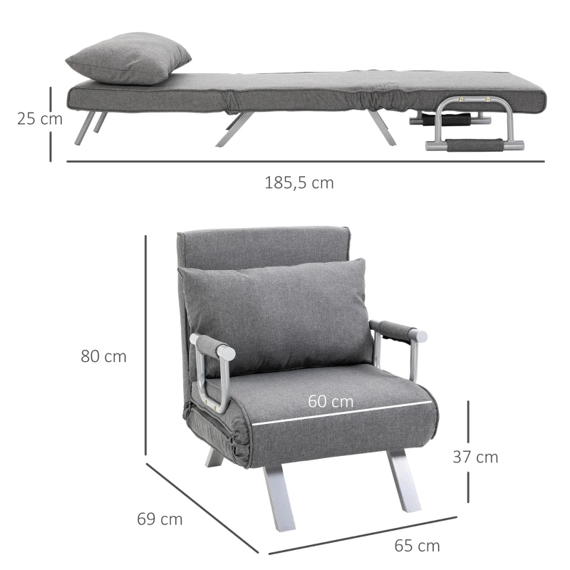 Bäddsoffa Med Armstöd 3-i-1 Bäddsoffa Gästsäng Hopfällbar Madrass Hopfällbar Säng Schäslong Multifunktionell Linneliknande Polyestergrå 65 X 69 X 80 Cm 3